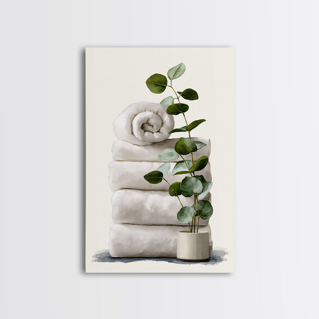 White Towels and Eucalyptus Without Room Context Canvas Print, Spa Art, Statement Artwork, Spa Decor, Fine Art, Serenity, SPA-2x3-32