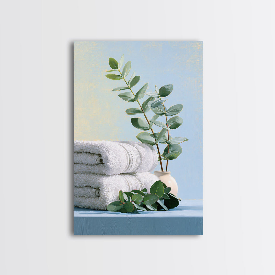White Towels and Eucalyptus Without Room Context Framed Canvas Print, Spa Art, Spa Decor, Abstract Art, Serenity, SPA-2x3-56