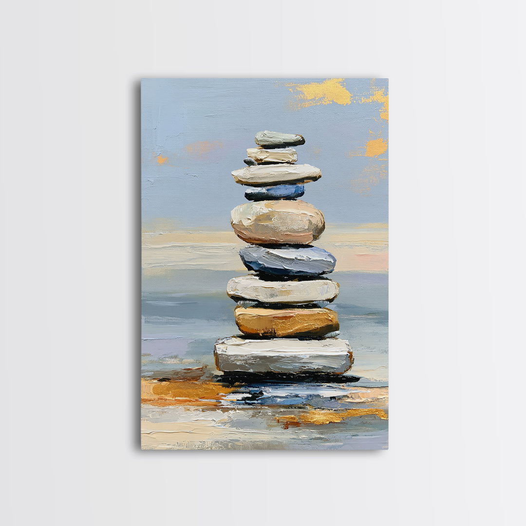 Stacked Stones Beside Calm Water Canvas Print, Spa Art, Dog Groomer Gifts, Spa Decor, Oil Painting, Serenity, Fine Art Print, SPA-2x3-57