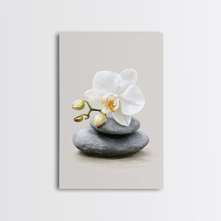 White Orchid on Smooth Gray Stone Canvas Print, Spa Art, Abstract, Spa Decor, Fine Art, Serenity, City Art, Spa Wall Art, SPA-2x3-58