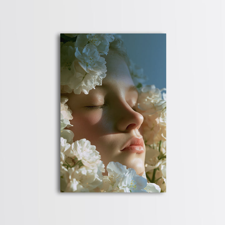 Minimal Face with Closed Eyes and Flowers Framed Canvas Print, Spa Art, Animal Art, Spa Decor, Watercolor Art, Serenity, SPA-2x3-75