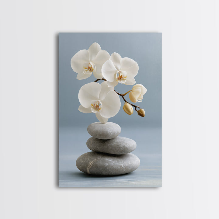White Orchid on Smooth Gray Stone Canvas Print, Spa Art, Abstract, Spa Decor, Fine Art, Serenity, City Art, Spa Wall Art, SPA-2x3-82