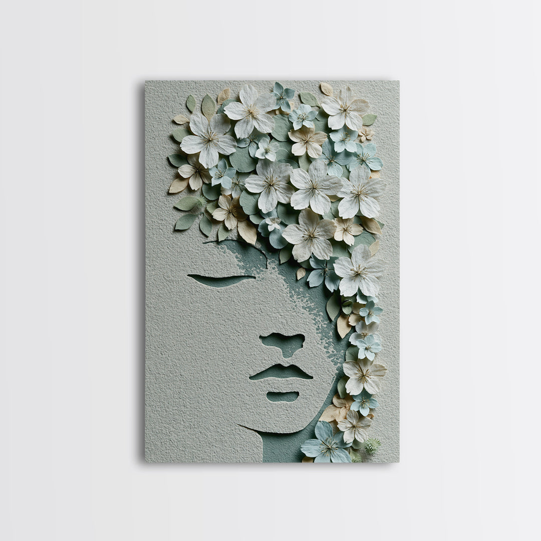 Minimal Face with Closed Eyes and Flowers Canvas Print, Spa Art, Spa Wall Art, Spa Decor, Watercolor Art, Serenity, SPA-2x3-99
