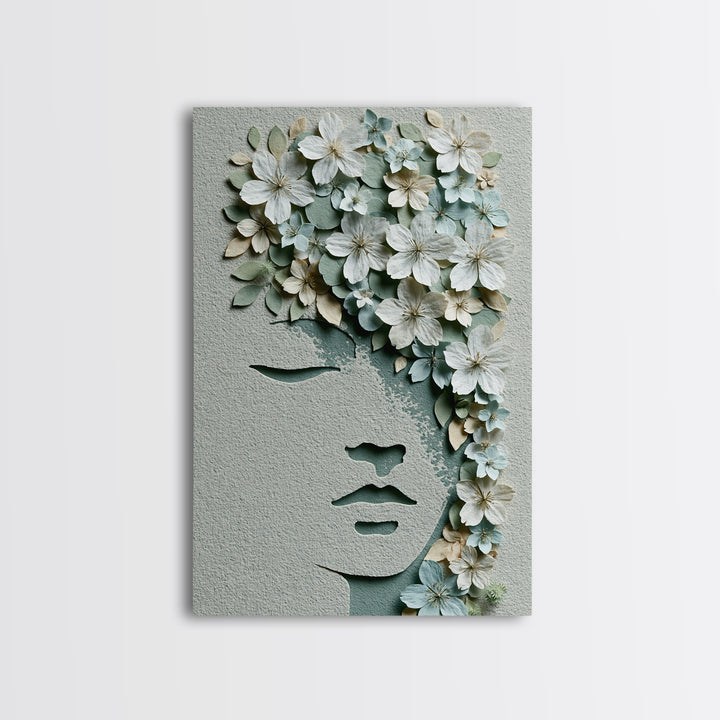 Minimal Face with Closed Eyes and Flowers Canvas Print, Spa Art, Spa Wall Art, Spa Decor, Watercolor Art, Serenity, SPA-2x3-99