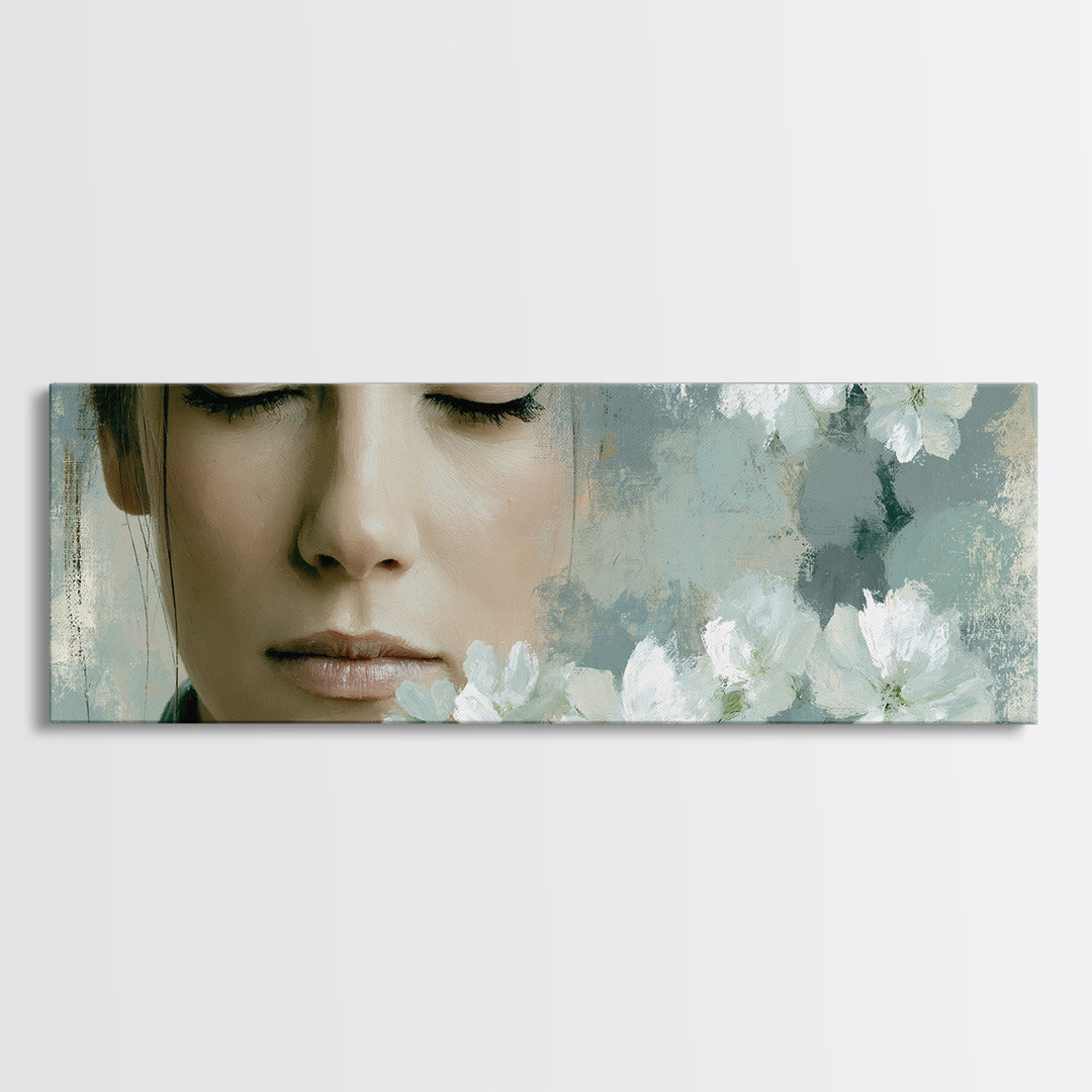 Minimal Face with Closed Eyes and Flowers Canvas Print, Spa Art, Wildlife Wall Art, Spa Decor, Serenity, Minimalist Decor, SPA-3x1-11
