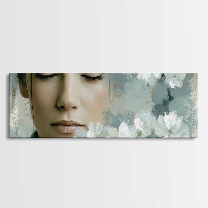 Minimal Face with Closed Eyes and Flowers Canvas Print, Spa Art, Wildlife Wall Art, Spa Decor, Serenity, Minimalist Decor, SPA-3x1-11