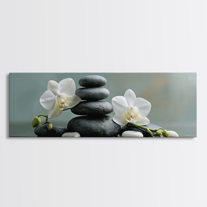 White Orchid on Smooth Gray Stone Framed Canvas Print, Spa Art, Dog Wall Art, Spa Decor, Fine Art, Serenity, Dog Canvas, SPA-3x1-18