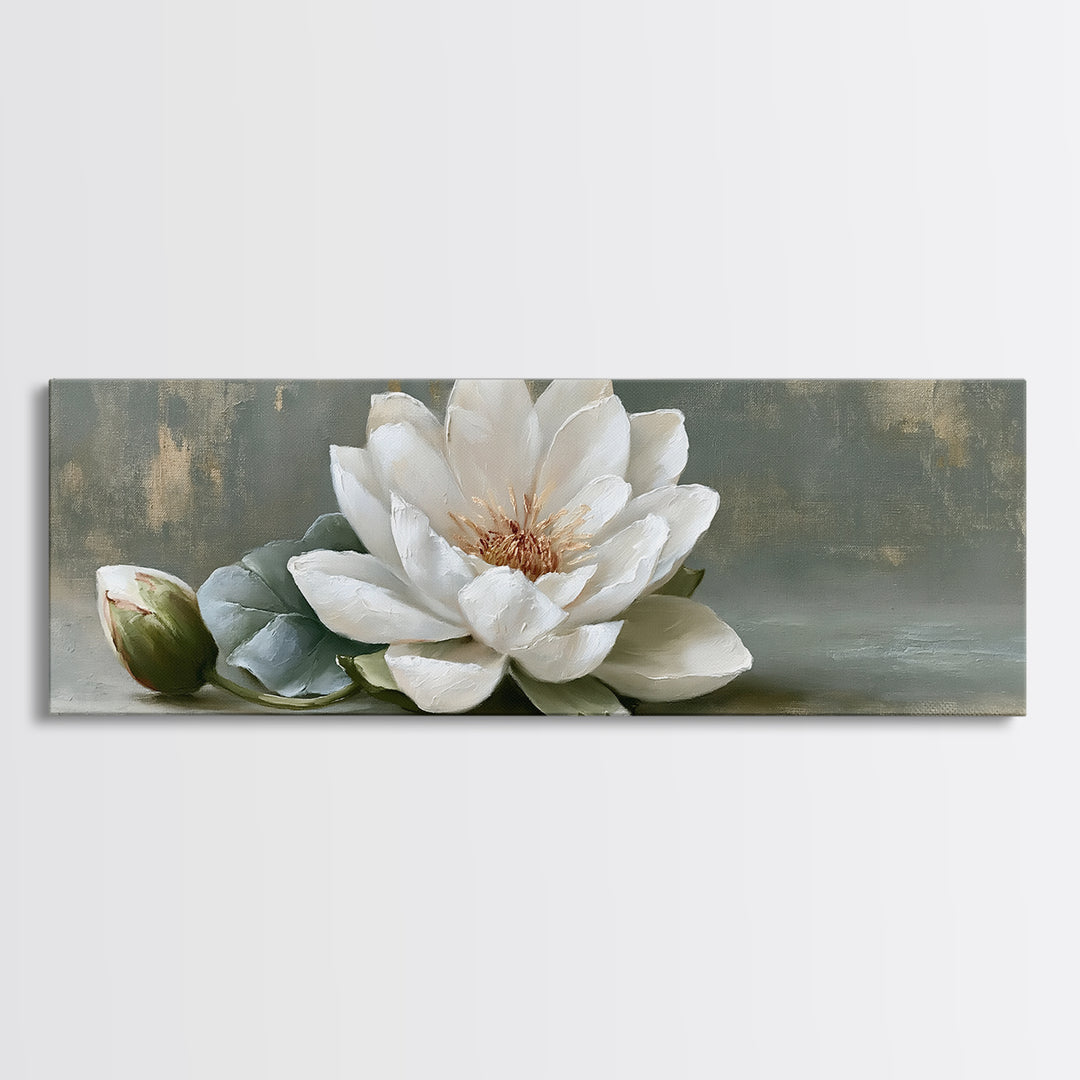 Single White Flower on Linen Ground Canvas Print, Spa Art, Salon Decor, Spa Decor, Oil Painting, Serenity, Statement Artwork, SPA-3x1-33