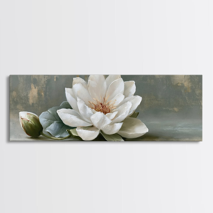Single White Flower on Linen Ground Canvas Print, Spa Art, Salon Decor, Spa Decor, Oil Painting, Serenity, Statement Artwork, SPA-3x1-33
