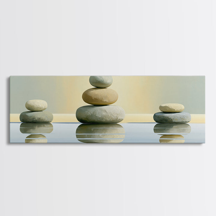 Stacked Stones Beside Calm Water Canvas Print, Spa Art, Wildlife Wall Art, Spa Decor, Watercolor Art, Serenity, SPA-3x1-41