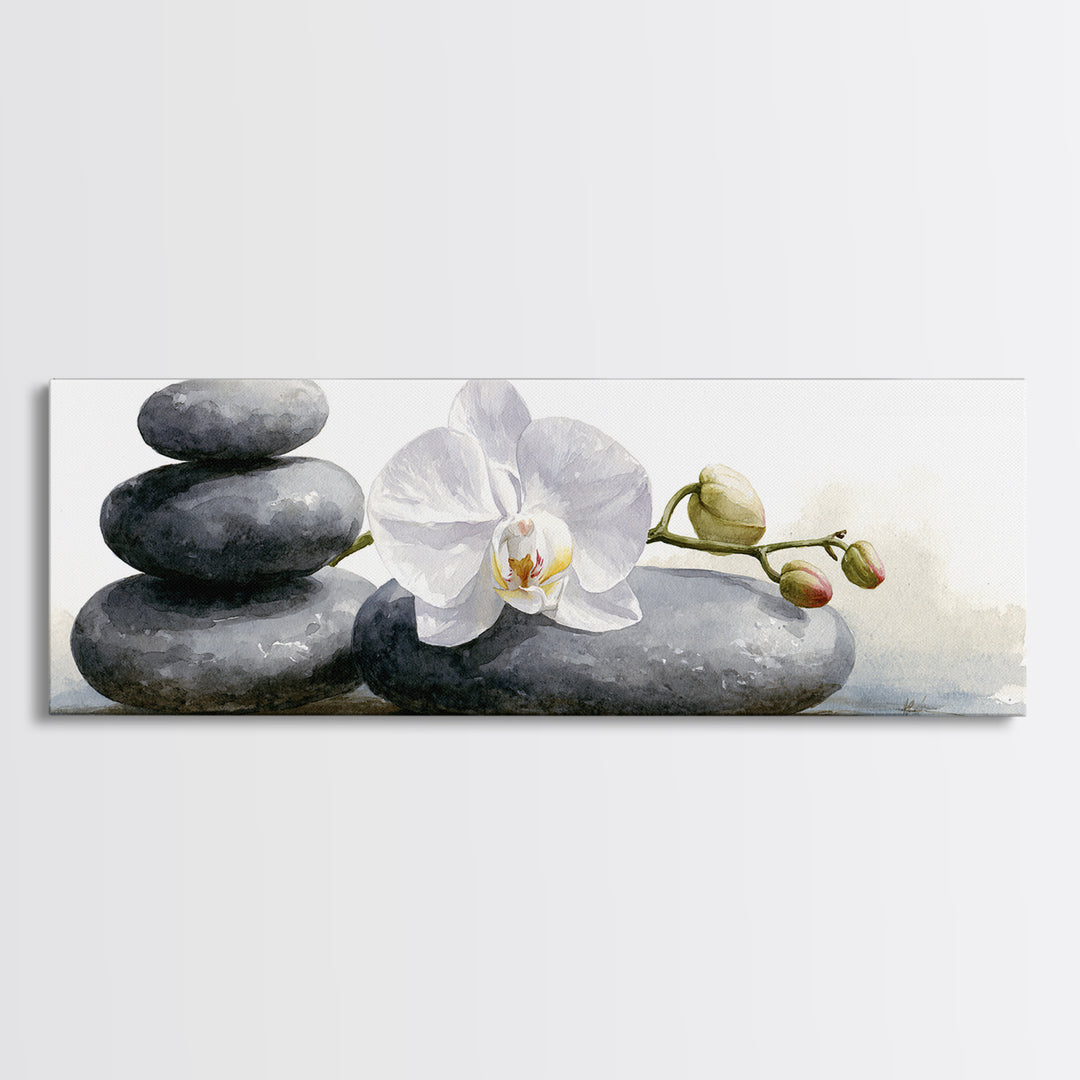 White Orchid on Smooth Gray Stone Canvas Print, Spa Art, Modern Home Decor, Spa Decor, Fine Art, Serenity, Neutral Decor, SPA-3x1-42