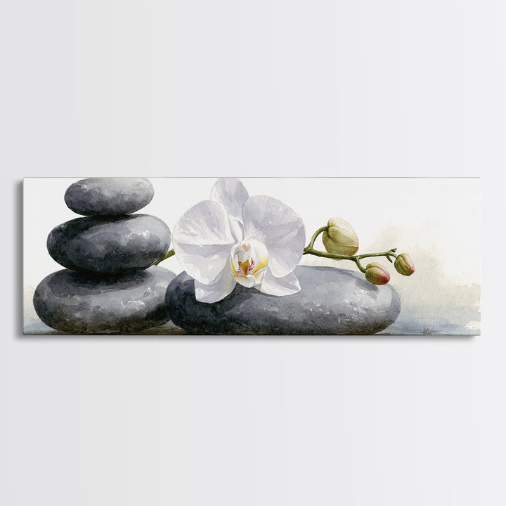 White Orchid on Smooth Gray Stone Canvas Print, Spa Art, Modern Home Decor, Spa Decor, Fine Art, Serenity, Neutral Decor, SPA-3x1-42