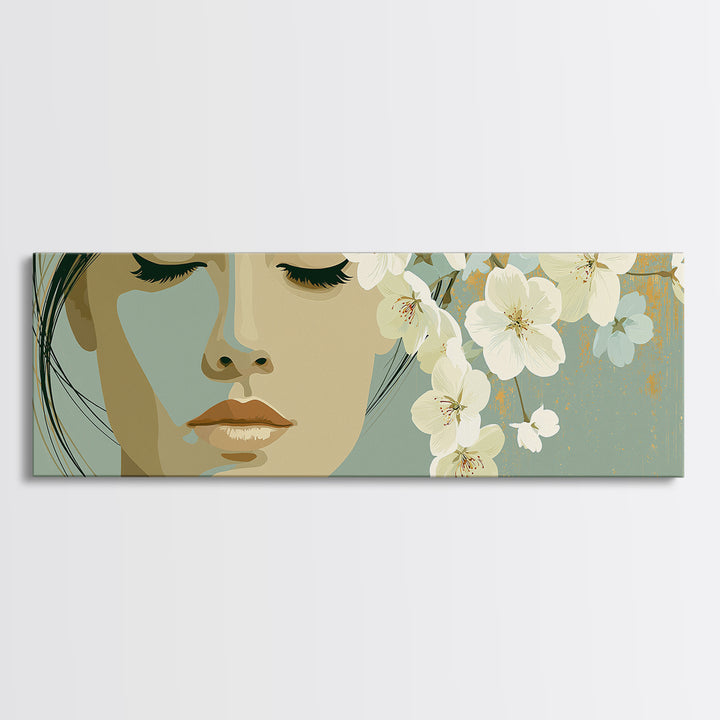 Minimal Face with Closed Eyes and Flowers Framed Canvas Print, Spa Art, Printable Wall Art, Spa Decor, Watercolor Art, Serenity, SPA-3x1-59