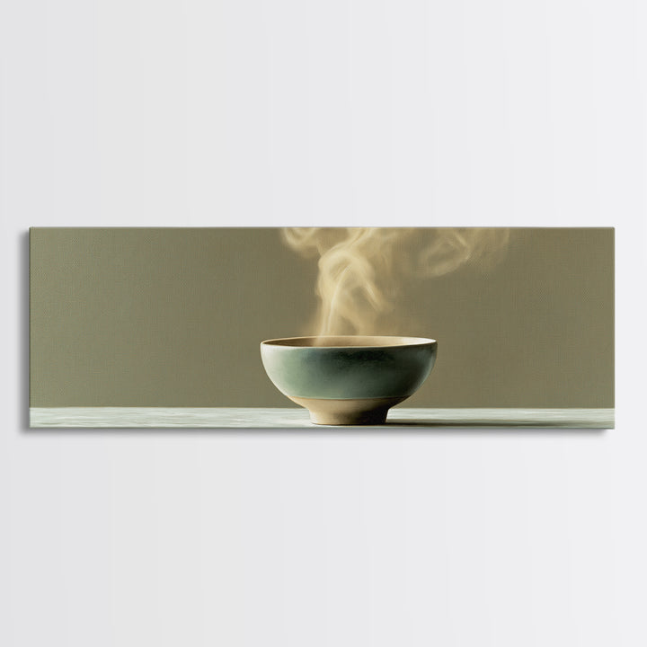 Tea Bowl and Steam Still Life Canvas Print, Spa Art, Boho Decor, Spa Decor, Oil Painting, Serenity, Printable Art, SPA-3x1-62