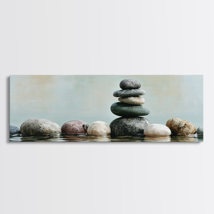 Stacked Stones Beside Calm Water Canvas Print, Spa Art, Wildlife Wall Art, Spa Decor, Watercolor Art, Serenity, SPA-3x1-65