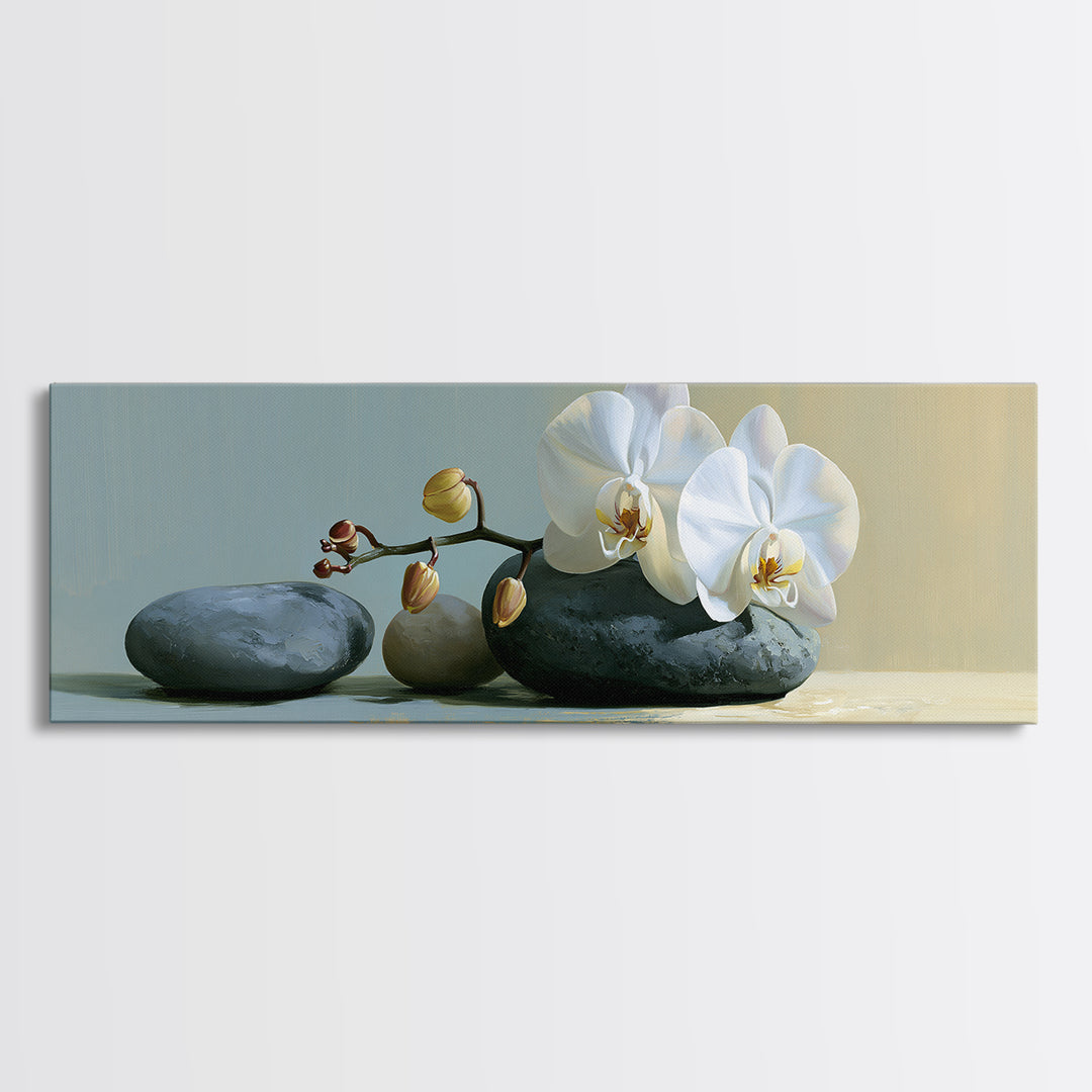 White Orchid on Smooth Gray Stone Canvas Print, Spa Art, Modern Home Decor, Spa Decor, Fine Art, Serenity, Neutral Decor, SPA-3x1-66