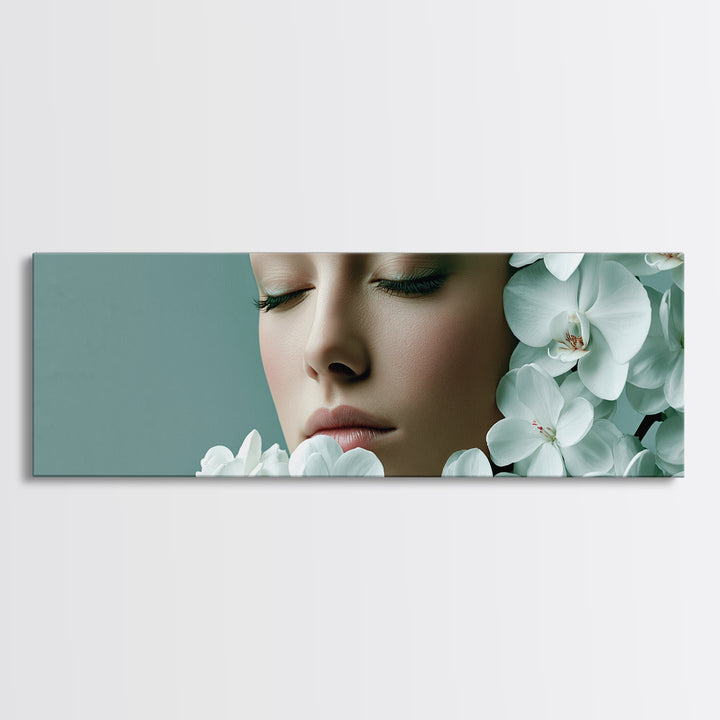 Minimal Face with Closed Eyes and Flowers Canvas Print, Spa Art, Travel Poster, Spa Decor, Watercolor Art, Serenity, SPA-3x1-83