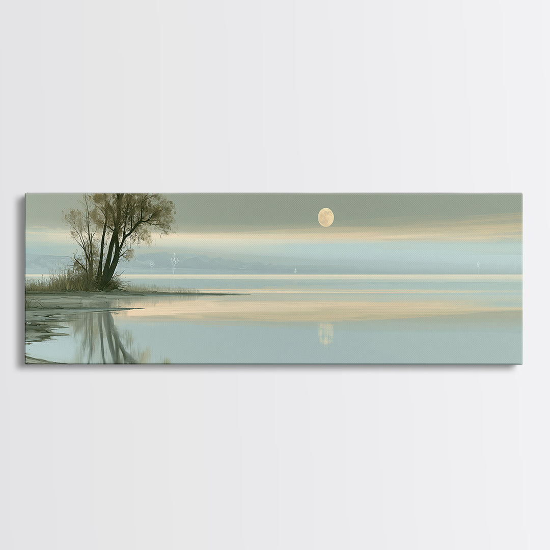 Moonlit Lake Reflection Framed Canvas Print, Spa Art, Abstract, Spa Decor, Watercolor Art, Serenity, City Art, Spa Wall Art, SPA-3x1-87