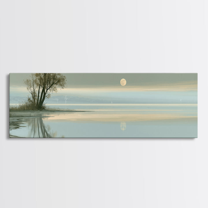 Moonlit Lake Reflection Framed Canvas Print, Spa Art, Abstract, Spa Decor, Watercolor Art, Serenity, City Art, Spa Wall Art, SPA-3x1-87