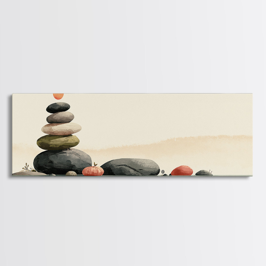 Stacked Stones Beside Calm Water Framed Canvas Print, Spa Art, Boho Decor, Spa Decor, Oil Painting, Serenity, Printable Art, SPA-3x1-89