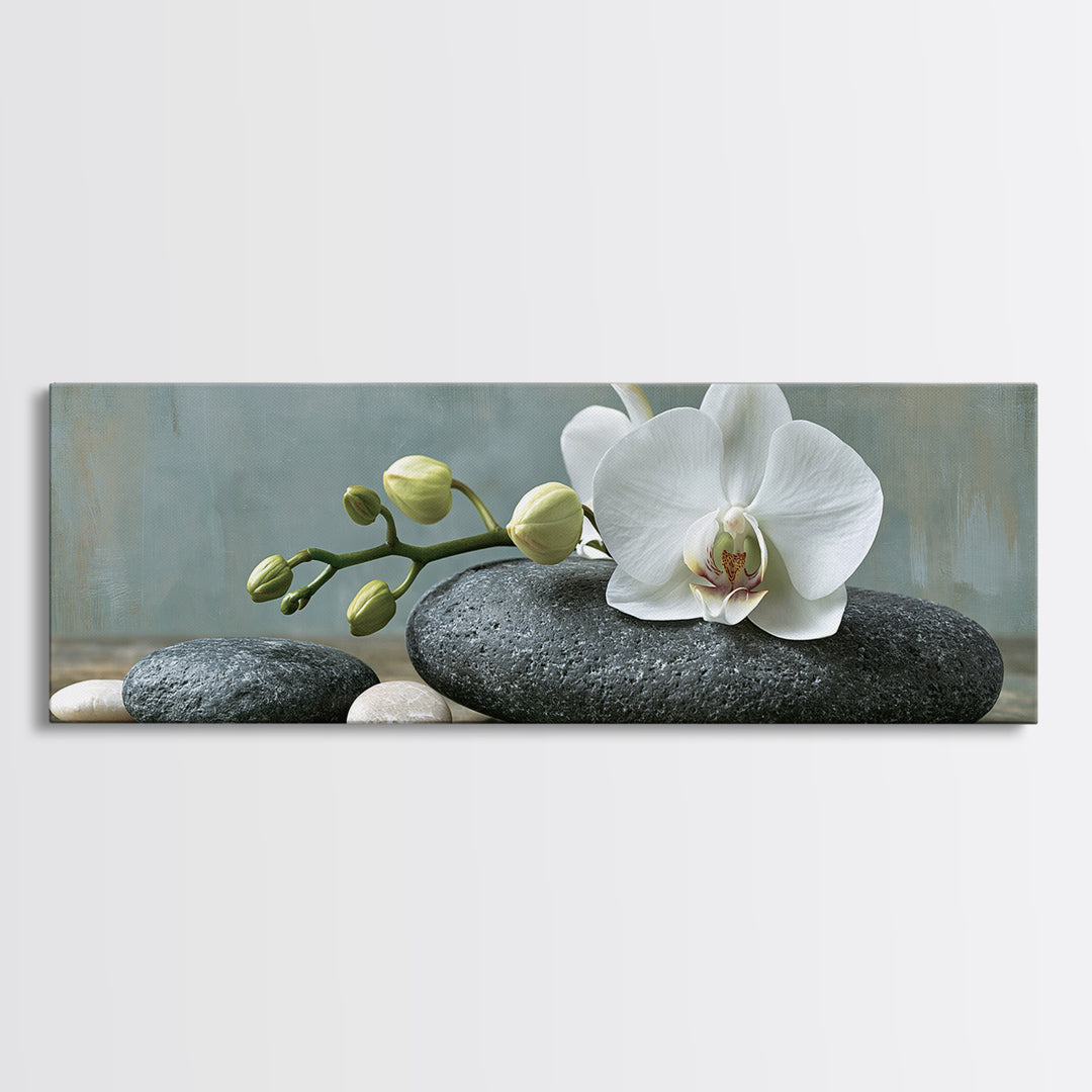 White Orchid on Smooth Gray Stone Framed Canvas Print, Spa Art, Teen Girl Room Decor, Spa Decor, Serenity, Luxury Decor, SPA-3x1-90