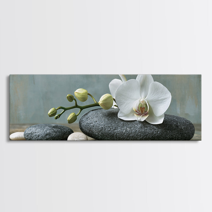 White Orchid on Smooth Gray Stone Framed Canvas Print, Spa Art, Teen Girl Room Decor, Spa Decor, Serenity, Luxury Decor, SPA-3x1-90