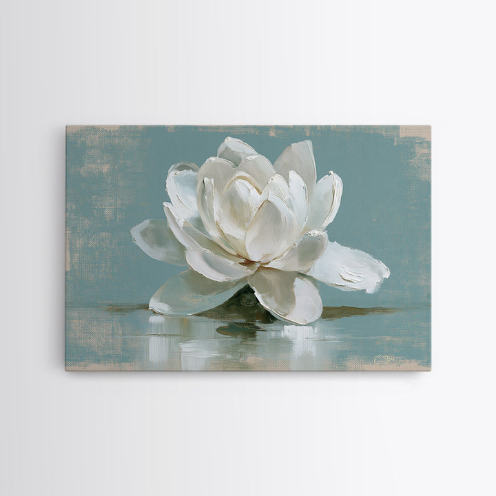 Single White Flower on Linen Ground Canvas Print, Spa Art, Teen Girl Room Decor, Spa Decor, Fine Art, Serenity, Luxury Decor, SPA-3x2-21