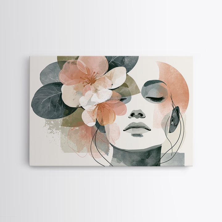 Minimal Face with Closed Eyes and Flowers Framed Canvas Print, Spa Art, Esthetician Decor, Spa Decor, Oil Painting, Serenity, SPA-3x2-23