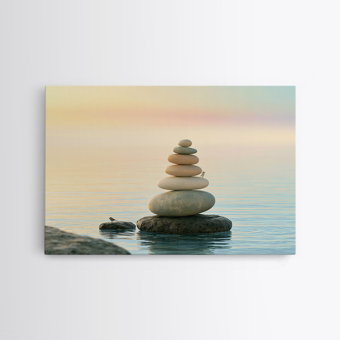 Stacked Stones Beside Calm Water Canvas Print, Spa Art, Modern Decor, Spa Decor, Fine Art, Serenity, Wall Decor, SPA-3x2-29