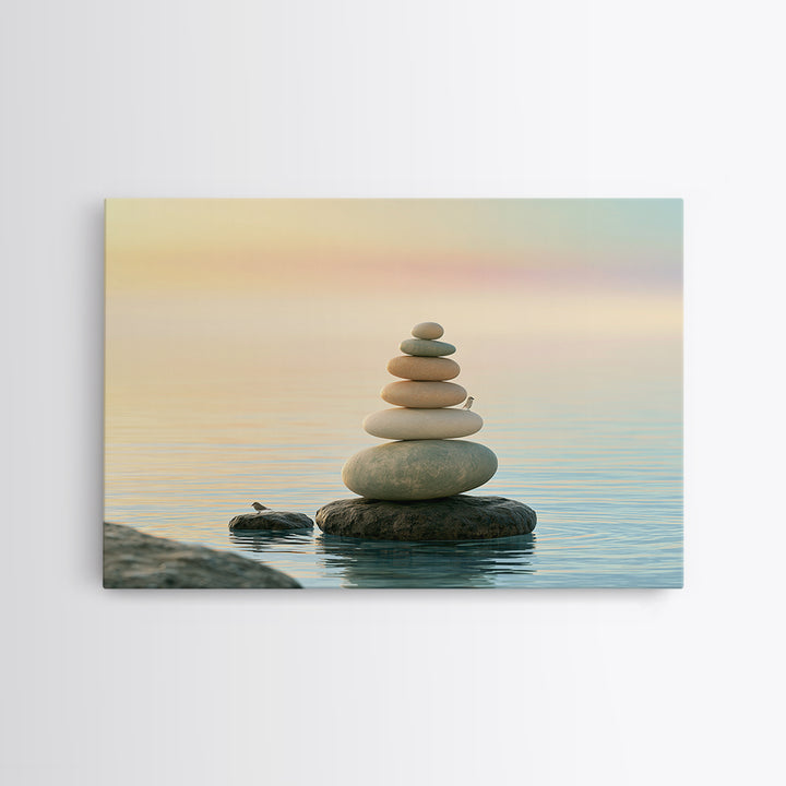 Stacked Stones Beside Calm Water Canvas Print, Spa Art, Modern Decor, Spa Decor, Fine Art, Serenity, Wall Decor, SPA-3x2-29
