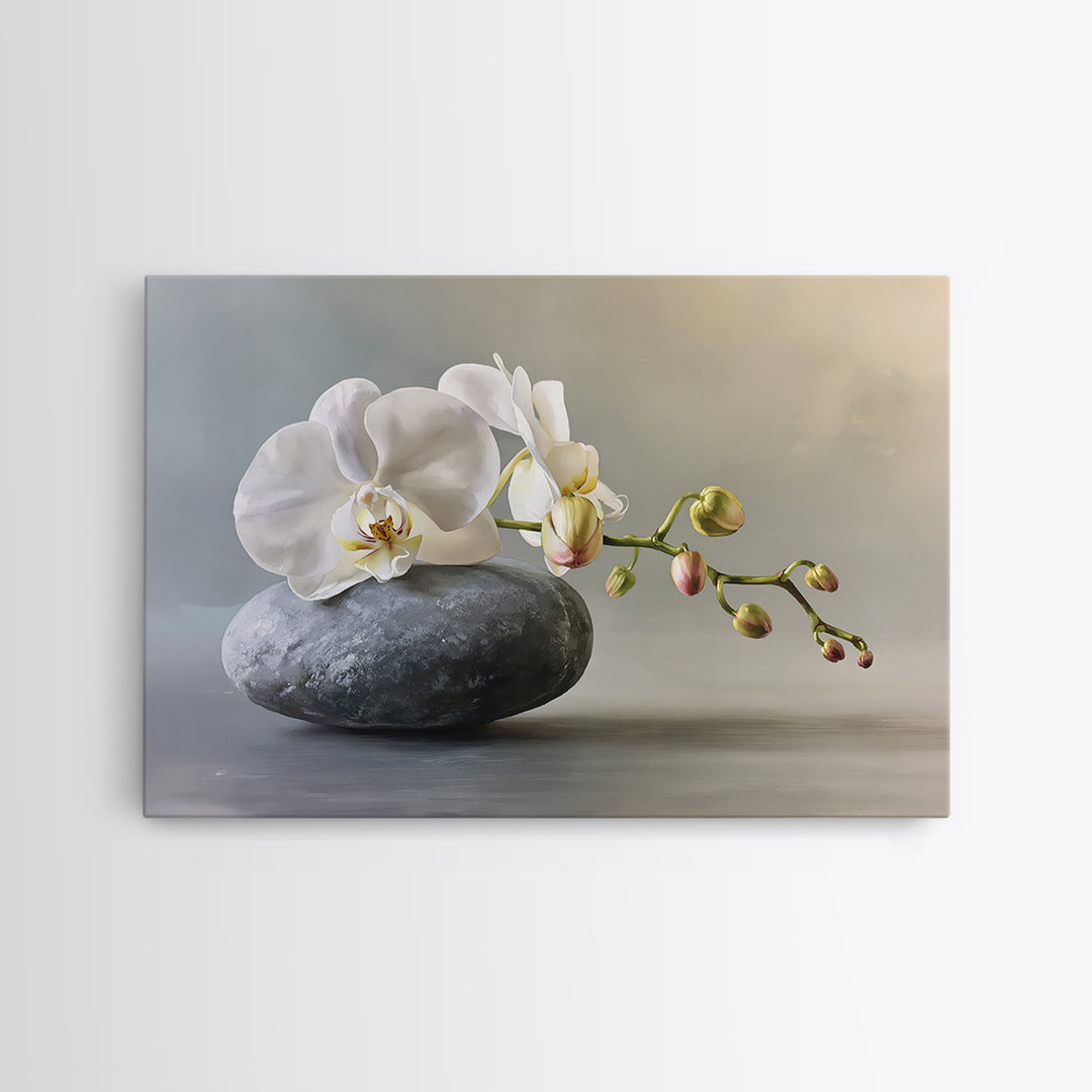 White Orchid on Smooth Gray Stone Canvas Print, Spa Art, Salon Decor, Spa Decor, Fine Art, Serenity, Statement Artwork, SPA-3x2-30