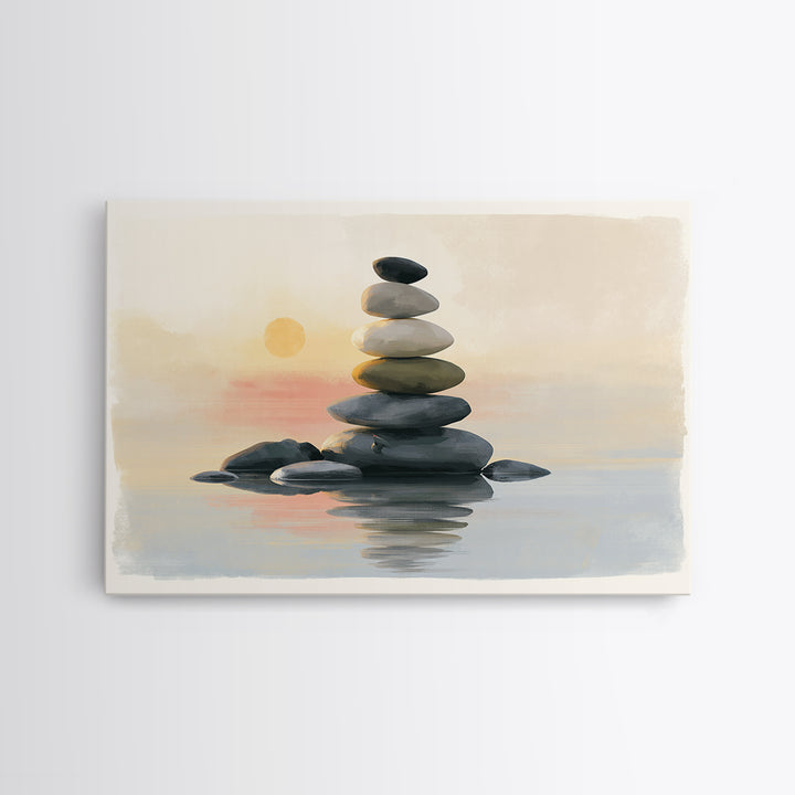 Stacked Stones Beside Calm Water Framed Canvas Print, Spa Art, Esthetician Decor, Spa Decor, Fine Art, Serenity, Room Decor, SPA-3x2-5