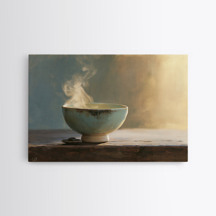 Tea Bowl and Steam Still Life Framed Canvas Print, Spa Art, Dog Groomer Gifts, Spa Decor, Oil Painting, Serenity, SPA-3x2-50