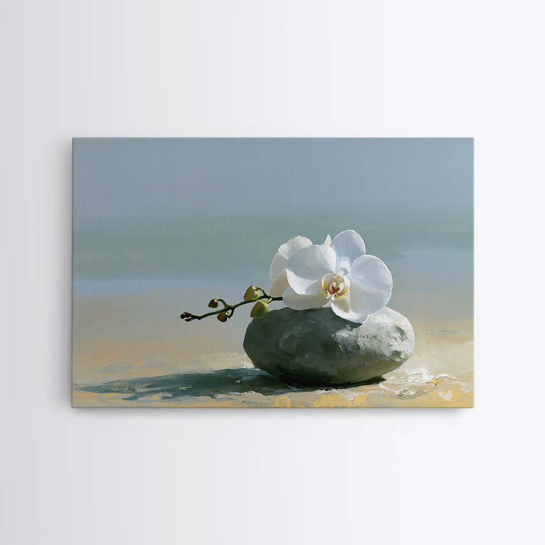 White Orchid on Smooth Gray Stone Canvas Print, Spa Art, Salon Decor, Spa Decor, Fine Art, Serenity, Statement Artwork, SPA-3x2-54