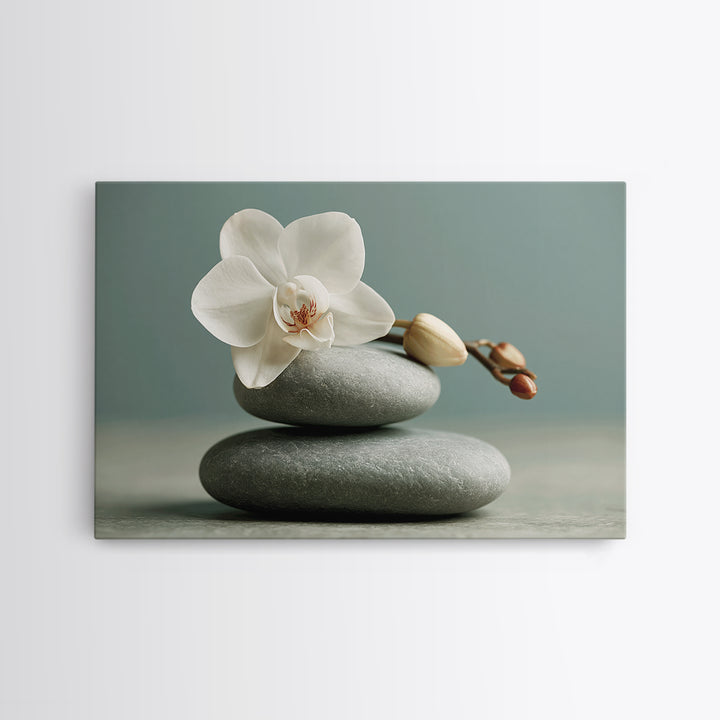 White Orchid on Smooth Gray Stone Framed Canvas Print, Spa Art, Feminine Wall Art, Spa Decor, Serenity, Hair Salon Wall Art, SPA-3x2-6