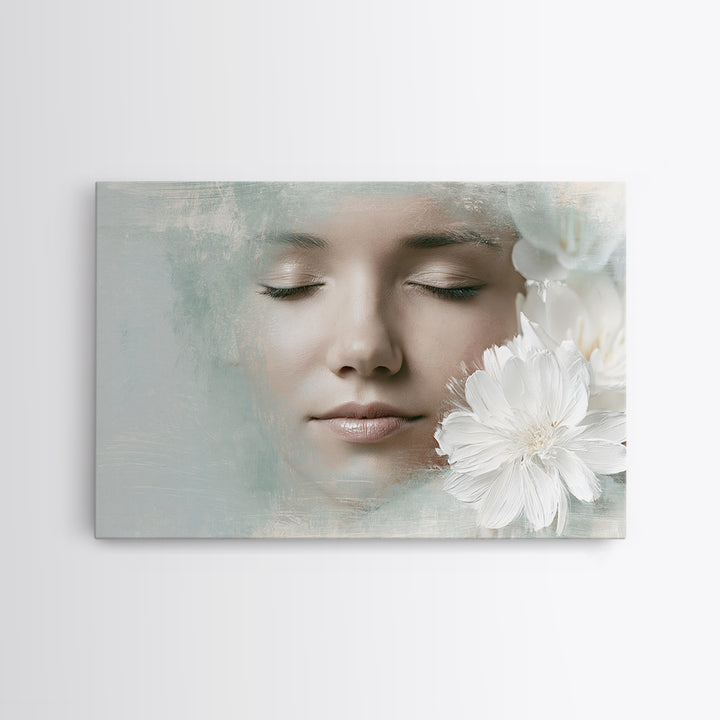 Minimal Face with Closed Eyes and Flowers Framed Canvas Print, Spa Art, Wildlife Wall Art, Spa Decor, Fine Art, Serenity, SPA-3x2-71