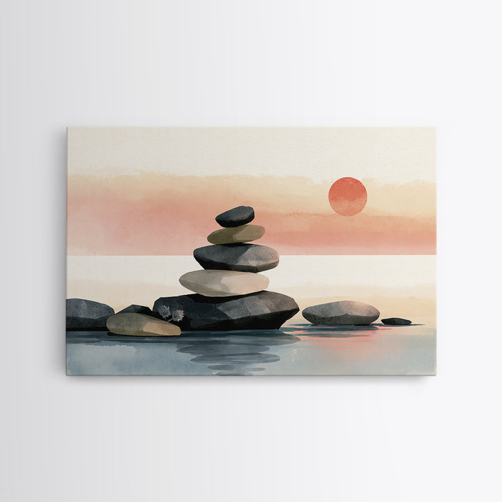 Stacked Stones Beside Calm Water Framed Canvas Print, Spa Art, Art Print, Spa Decor, Fine Art, Serenity, Botanical Art, SPA-3x2-77