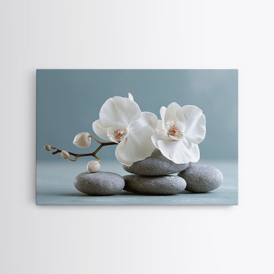 White Orchid on Smooth Gray Stone Framed Canvas Print, Spa Art, Tarot Card Art, Spa Decor, Fine Art, Serenity, SPA-3x2-78