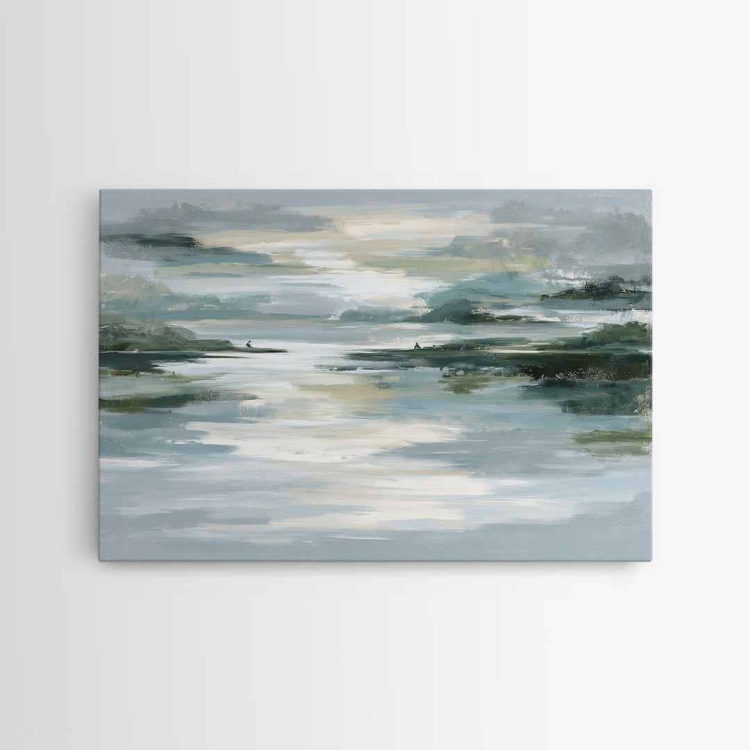 Moonlit Lake Reflection Framed Canvas Print, Spa Art, Abstract, Spa Decor, Watercolor Art, Serenity, City Art, Spa Wall Art, SPA-3x2-99