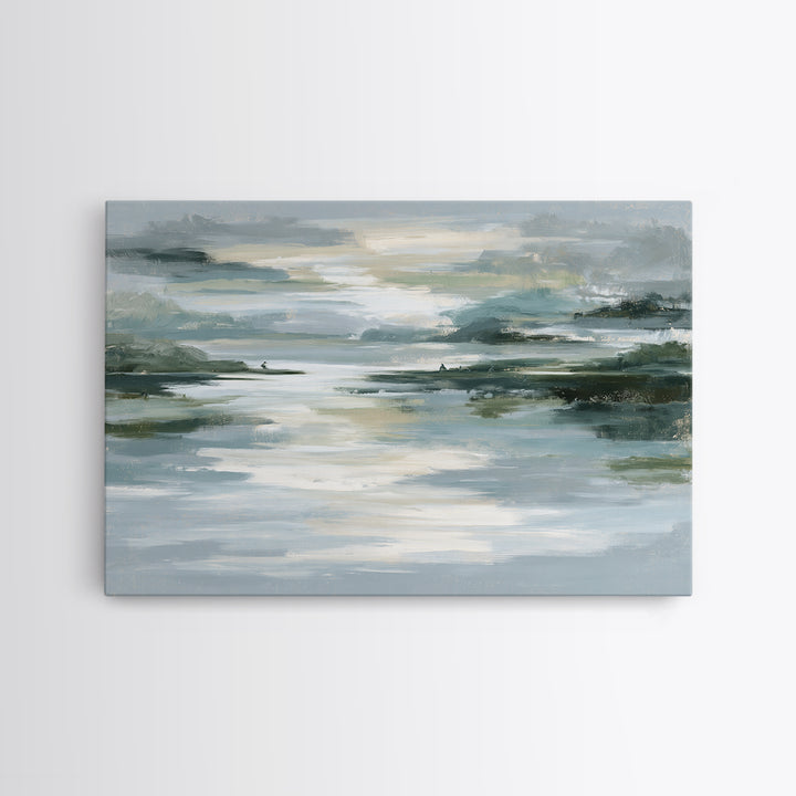 Moonlit Lake Reflection Framed Canvas Print, Spa Art, Abstract, Spa Decor, Watercolor Art, Serenity, City Art, Spa Wall Art, SPA-3x2-99