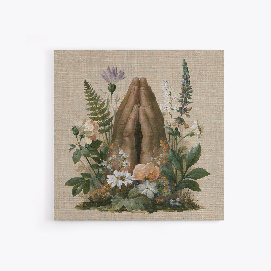 Prayer Hands with Botanical Details Framed Canvas Print, Spiritual Art, Printable Wall Art, Living Room Decor, Fine Art, Spirit, SPI-1x1-33