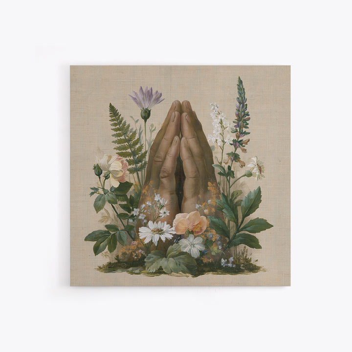 Prayer Hands with Botanical Details Framed Canvas Print, Spiritual Art, Printable Wall Art, Living Room Decor, Fine Art, Spirit, SPI-1x1-33