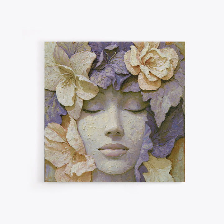 Serene Face with Closed Eyes and Flowers Canvas Print, Spiritual Art, Digital Art, Living Room Decor, Watercolor Art, Spirit, SPI-1x1-36