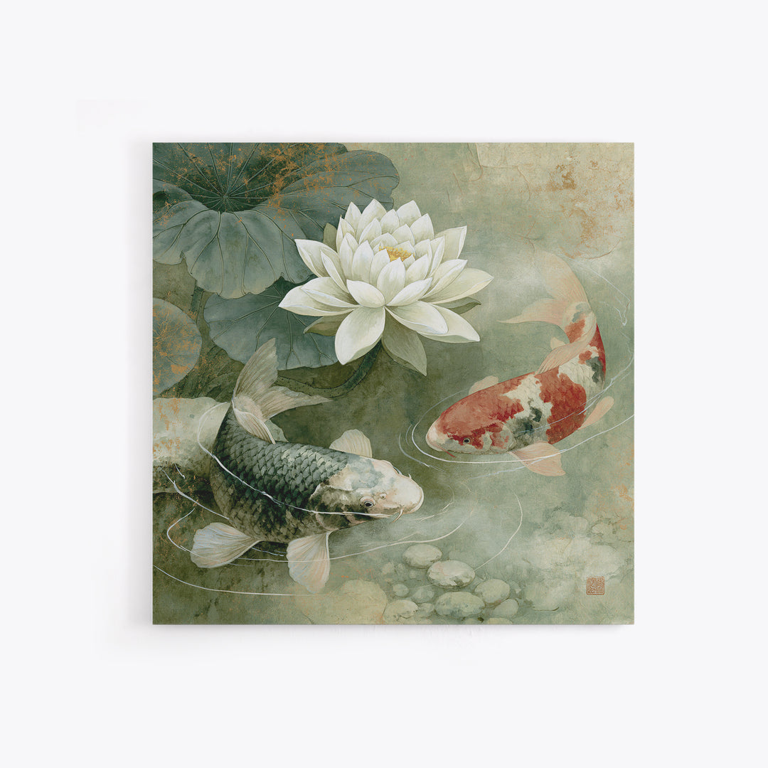 Lotus and Koi Framed Canvas Print, Spiritual Art, Fine Art Print, Living Room Decor, Abstract Art, Spirit, Digital Prints, SPI-1x1-42