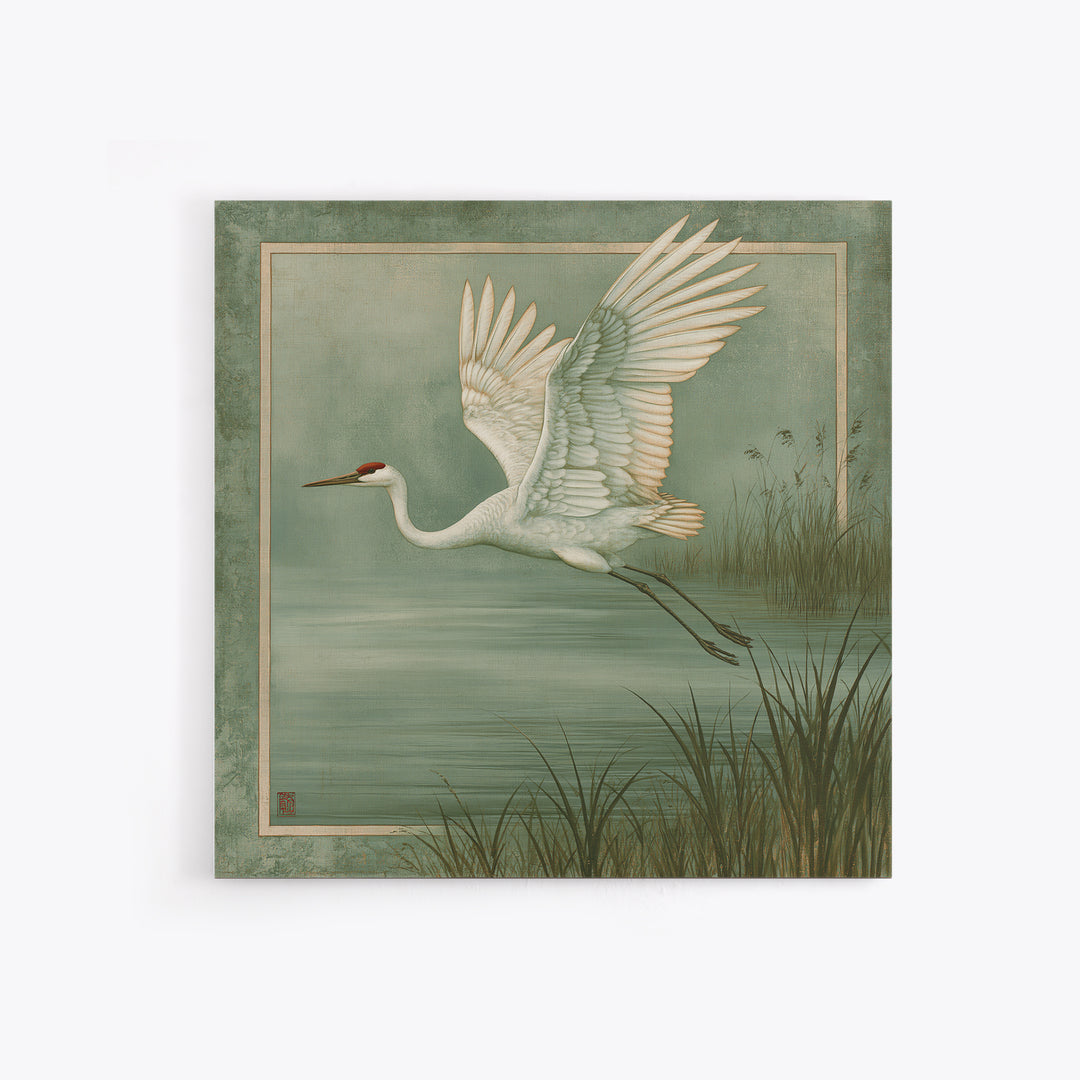 White Crane Flying Framed Canvas Print, Spiritual Art, Room Decor, Living Room Decor, Oil Painting, Spirit, Digital Print, SPI-1x1-48