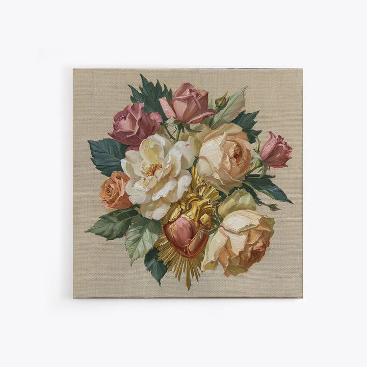 Sacred Heart with Roses and Gold Rays Framed Canvas Print, Spiritual Art, Textured Painting, Living Room Decor, Spirit, SPI-1x1-62