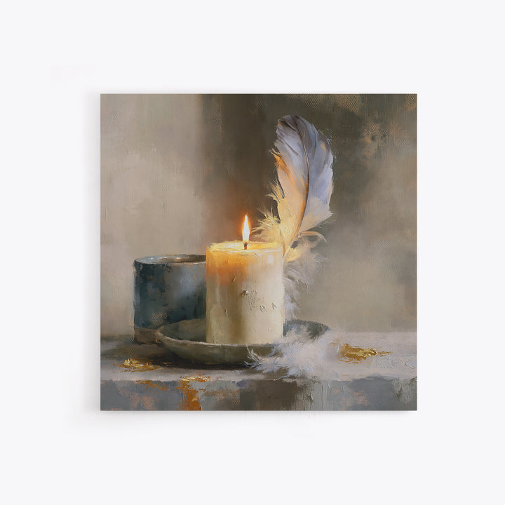 Candle and Feather Still Life Framed Canvas Print, Spiritual Art, Minimalist Wall Art, Living Room Decor, Fine Art, Spirit, SPI-1x1-68