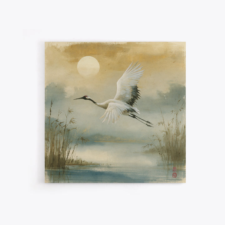 White Crane Flying Framed Canvas Print, Spiritual Art, Contemporary Art, Living Room Decor, Fine Art, Spirit, Minimalist Decor, SPI-1x1-72