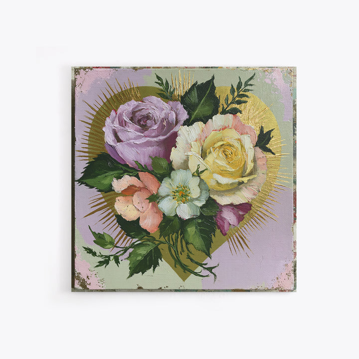 Sacred Heart with Roses and Gold Rays Canvas Print, Spiritual Art, Art, Living Room Decor, Fine Art, Spirit, Canvas Wall Art, SPI-1x1-86