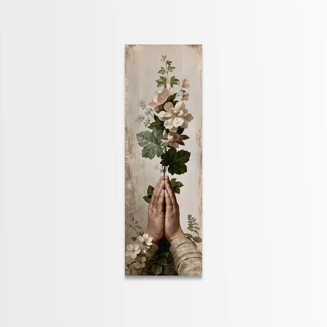 Prayer Hands with Botanical Details Framed Canvas Print, Spiritual Art, Canvas Wall Art, Living Room Decor, Watercolor Art, SPI-1x3-69